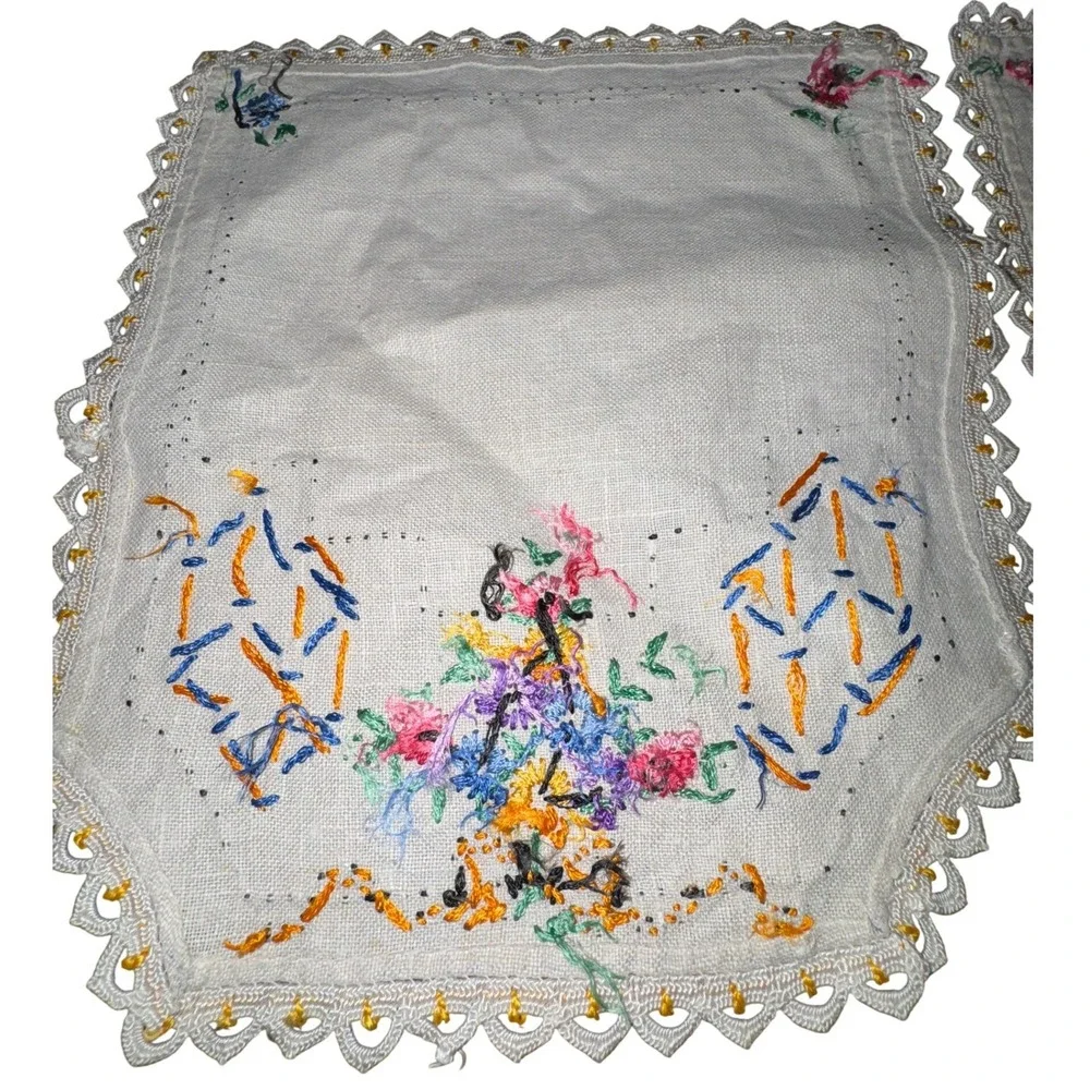 Vintage Lot 5 Hand Embroidered Table Linens Doilies Floral Needlework Lace
